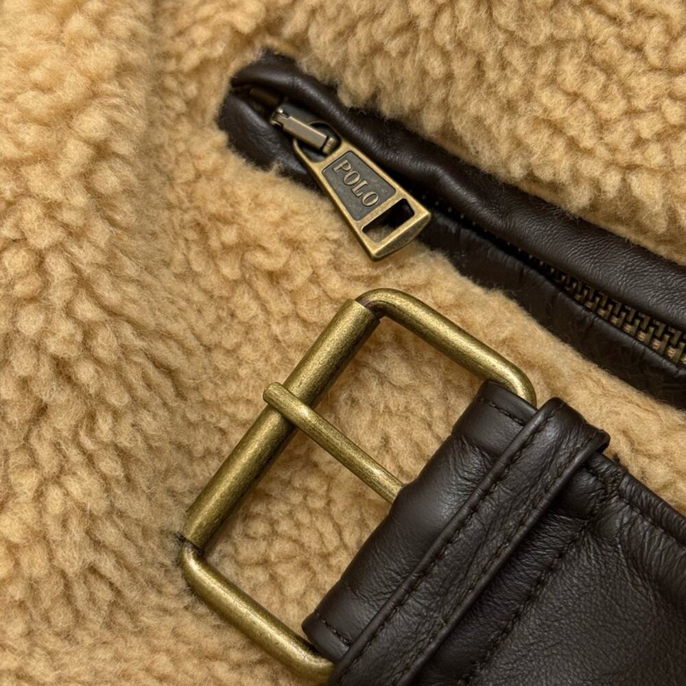 Polo Ralph Lauren Tan Sherpa moto belted Jacket cropped brown leather - Picture 9 of 10